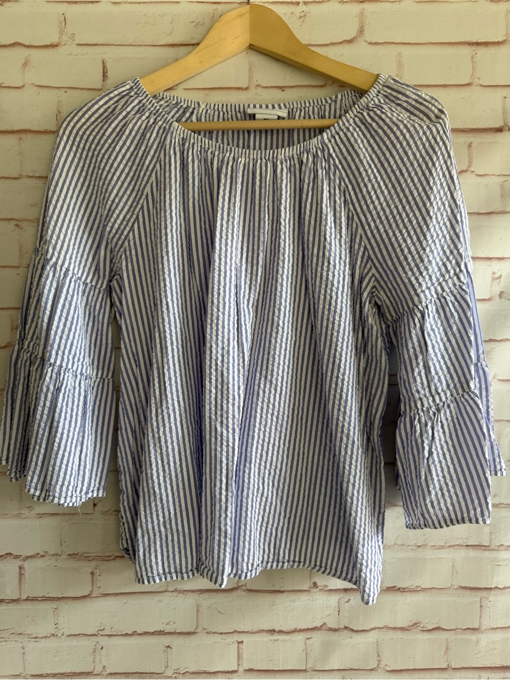 Liz Claiborne Blue & White Striped Off-Shoulder Peasant Top